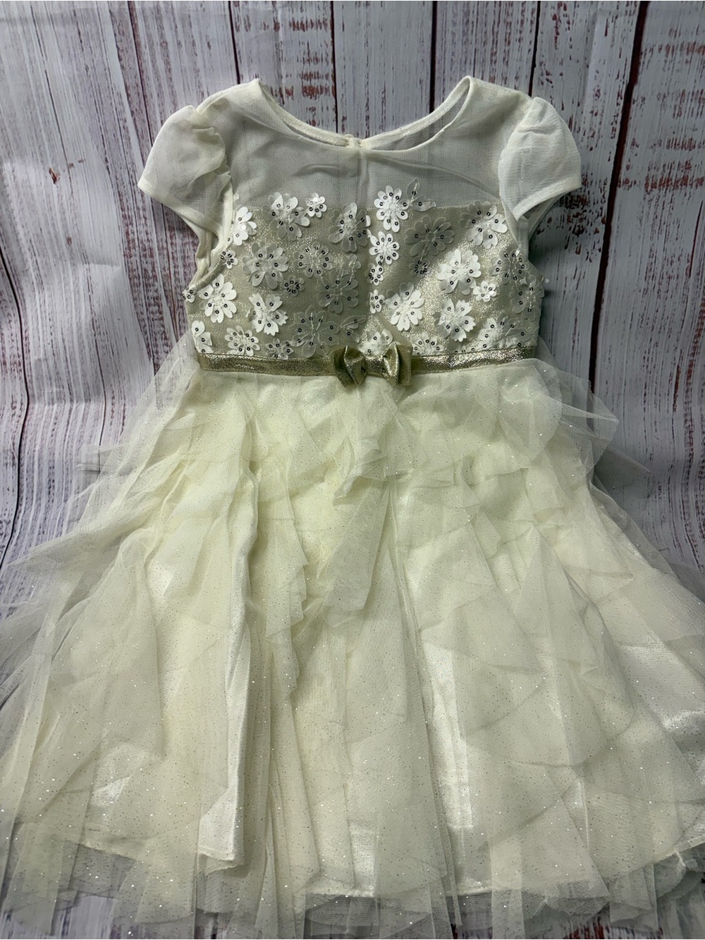 Jona Michelle Ivory Floral Tulle Party Dress with Bow Accent